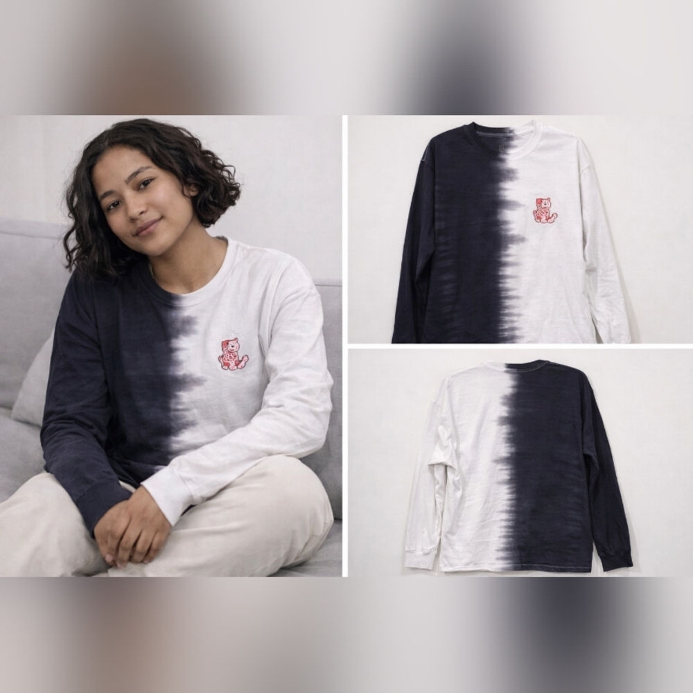 Hot Topic Black and White Split-Dye Long Sleeve Tee with Pink Patch